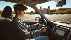 auto kaynnistyy rauhallisesti tyhjassa parkkipaikassa