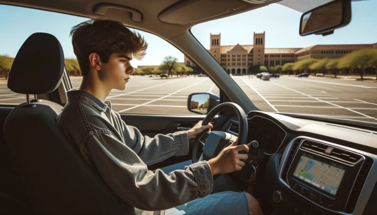auto kaynnistyy rauhallisesti tyhjassa parkkipaikassa