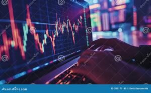 henkilo tutkii talousgrafiikkaa tietokoneelta