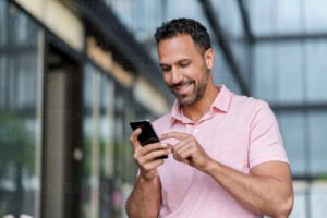 hymyileva henkilo kayttaa alypuhelinta