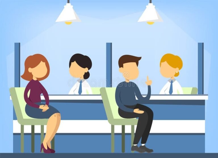 Kuinka Hoitaa Pankkiasioita Lainmukaisesti Toisen Henkilön Puolesta 2 kaksi henkiloa keskustelee pankkitoimiston tiskilla