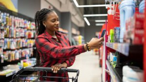 kauppakeskuksen viihtyisa yleisnakyma asiakkaineen