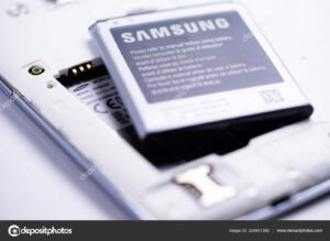 lahikuva irrotettavasta puhelimen akusta