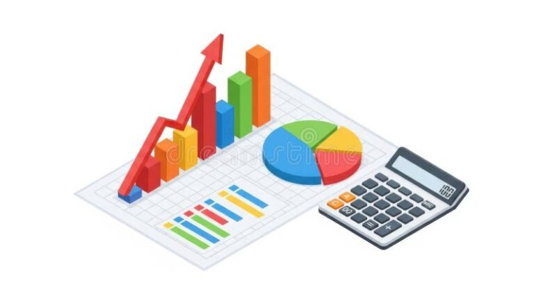 laskuri ja kasvava talouskaavio poydalla