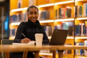 nuori opiskelija kirjasto ymparistossa opiskelemassa