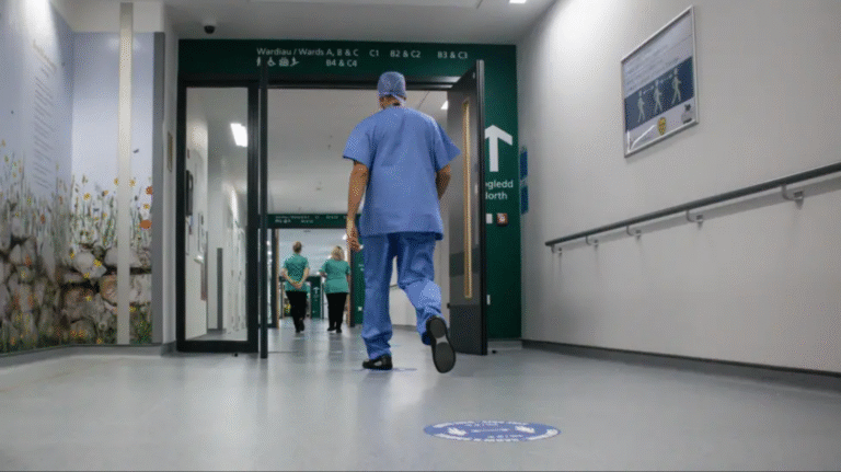 sairaanhoitaja tyoskentelemassa sairaalan kaytavalla