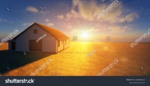 tyhja kotitalo auringonlaskun aikaan